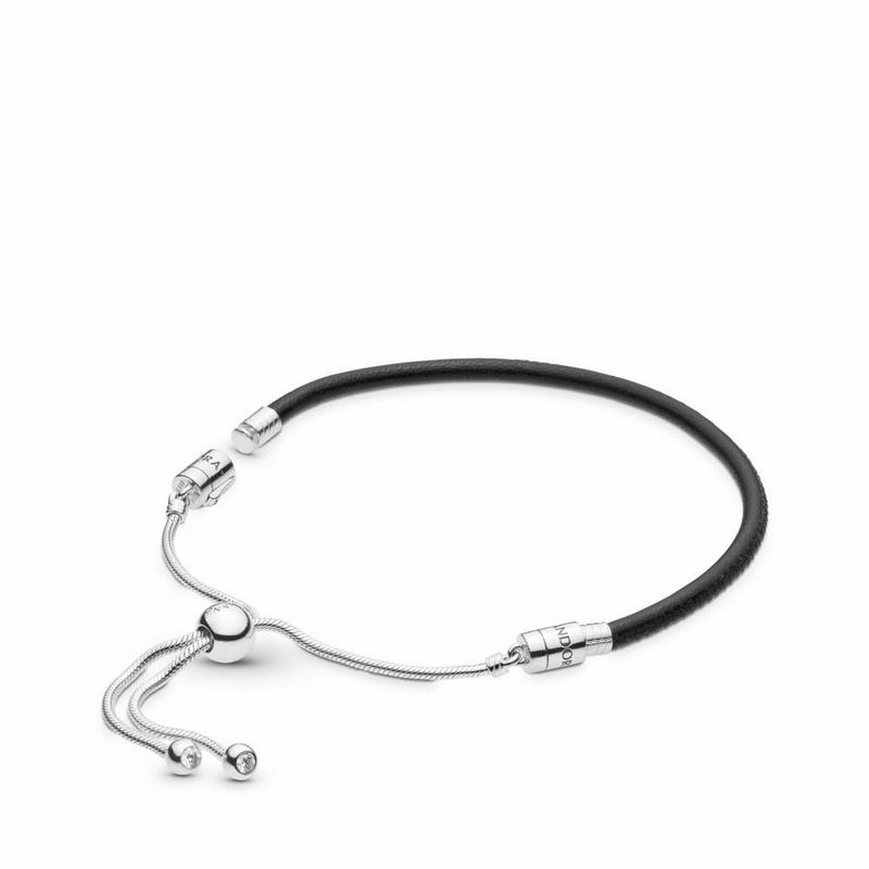 Pandora Sliding Black Leather Bracelet - Sterling Silver/Leather/Black/Cubic Zirconia - Canada | VR7